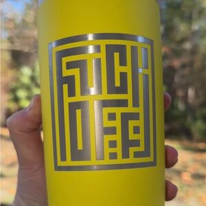 Yellow 20 oz tumbler with F*ck Of* Geometric Logo. Clear Lid